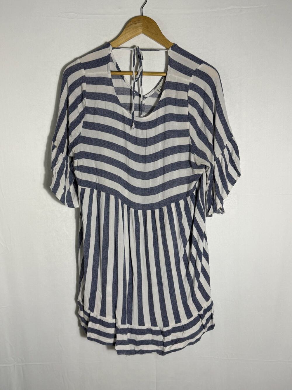 Spin XXL Striped Tunic Top Women’s Navy Blue White Short Sleeve Boho Tie Neck